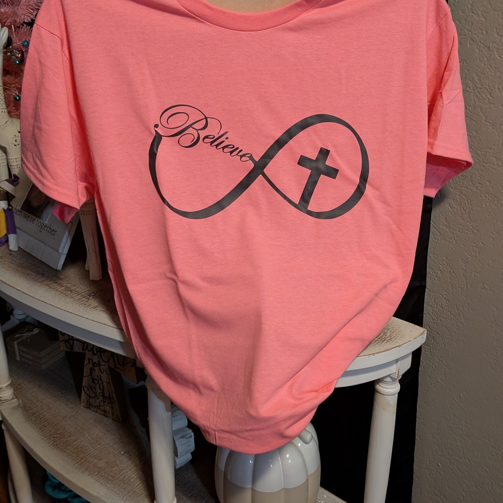 Gildan Pink Short Sleeve Tee with Believe Graphic